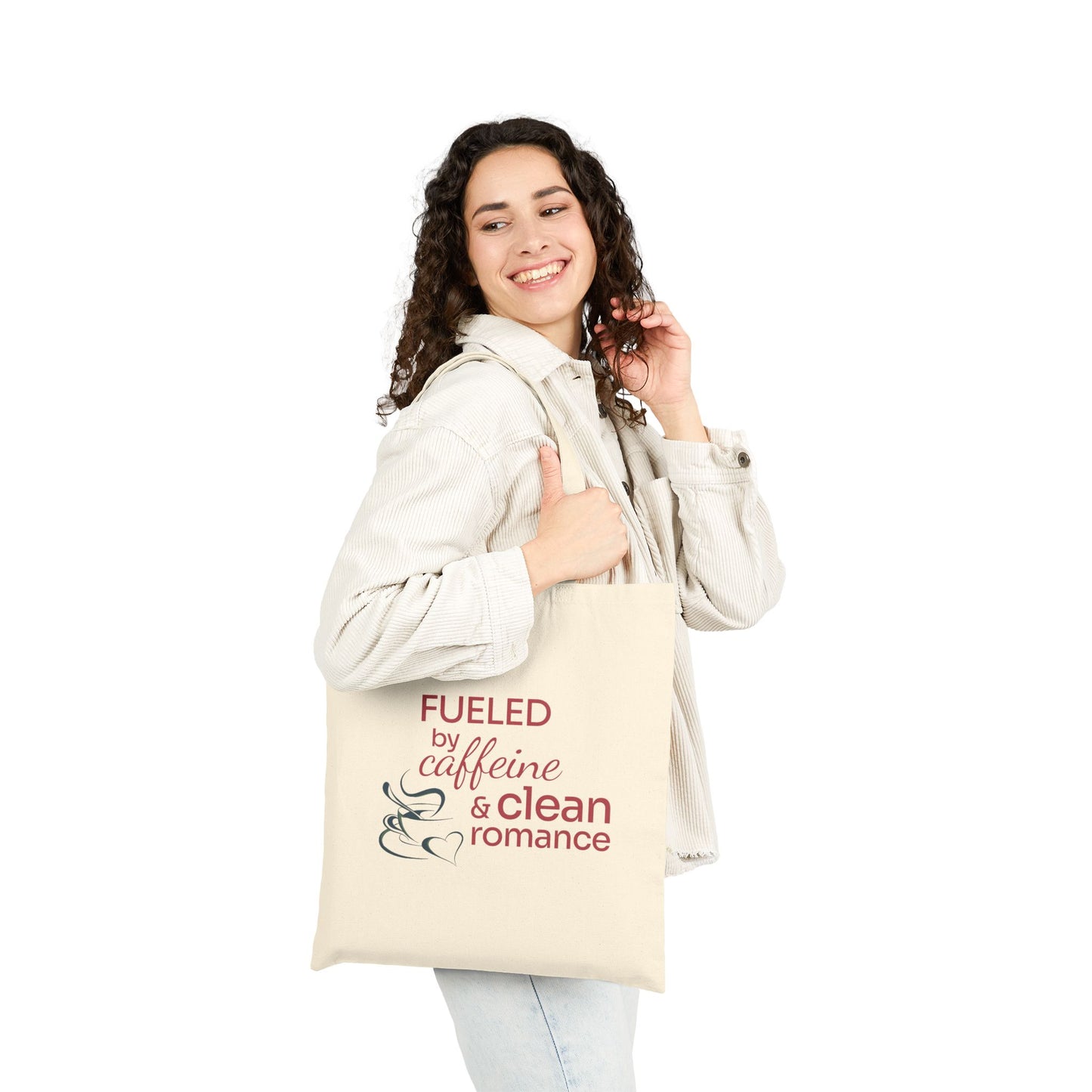 Tote Bag — "Fueled by Caffeine & Clean Romance" Canvas Grocery/Book Tote
