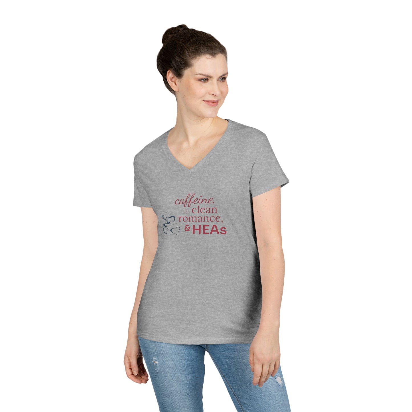 Ladies' V-Neck T-Shirt — "Caffeine, Clean Romance, & HEAs"