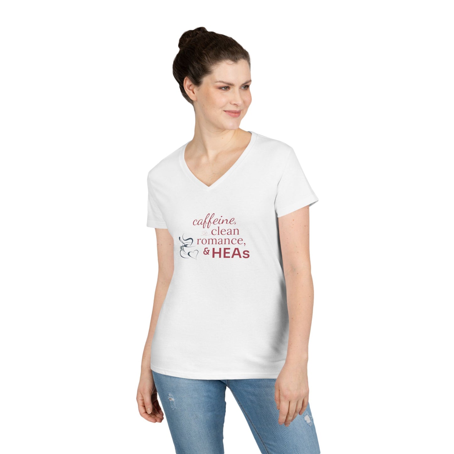 Ladies' V-Neck T-Shirt — "Caffeine, Clean Romance, & HEAs"